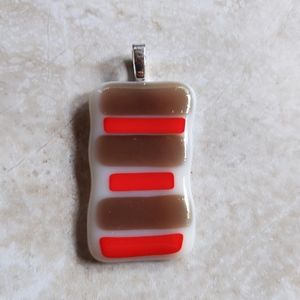 Vintage Handmade Brown & Orange Fused Art Glass Rectangular Pendant